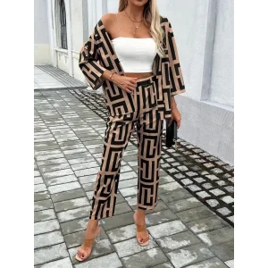 Kadın Uzun Kollu önü Açık Desenli Iki Iplik Ceket Ve Pantolon Ikili Takım