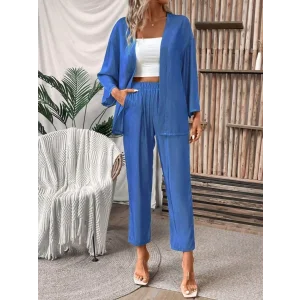 Kadın Uzun Kollu önü Açık Dokuma Ceket Ve Pantolon Ikili Takım