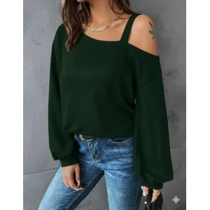 Kadın Uzun Kollu Tek Omuz Askı Detay Salaş Viskon Iki Iplik Bluz