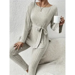 Kadın Uzun Kollu Tek Omuzu Açık Belden Kuşaklı şardonlu Kaşkorse Bluz Ve Tayt Pantolon