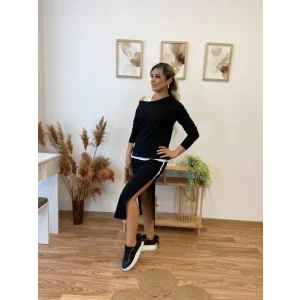 Kadın Uzun Kollu Tek Omuzu Açık Viskon Bluz Içi Atletli Ve Yandan şeritli üçlü Viskon Ikili Takım