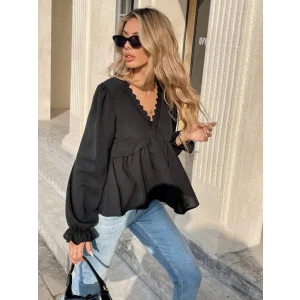 Kadın Uzun Kollu V Dantel Yaka Aerobin Bluz