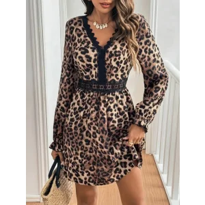 Kadın Uzun Kollu V Dantel Yakalı Leopar Desenli Modal Mini Elbise