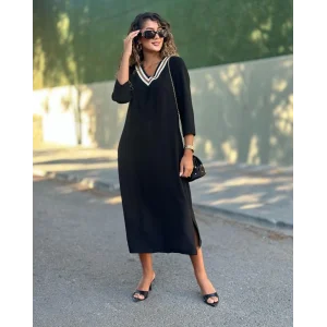 Kadın Uzun Kollu V şerit Yakalı Viskon Iki Iplik Elbise