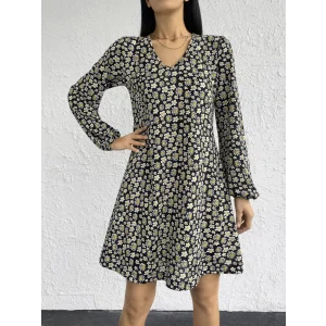 Kadın Uzun Kollu V Yaka çiçek Desenli Helen Kumaş Elbise