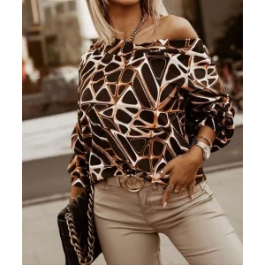 Kadın Uzun Kollu V Yaka Düşük Omuz Geometrik Desen şardonlu Dalgıç Bluz