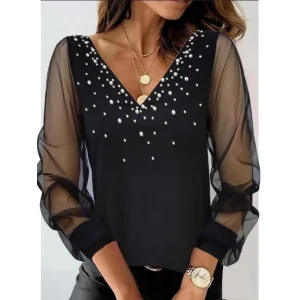 Kadın Uzun Kollu V Yaka Kolları Tül Yaka Kenarı Ve Göğüs Inci Detay Krep Bluz