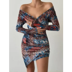 Kadın Uzun Kollu V Yaka Leopar Etnik Desen Fırsat ürün Mini Kruvaze Elbise