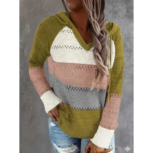 Kadın Uzun Kollu V Yakalı Bağcıklı Kapşonlu Triko Bluz