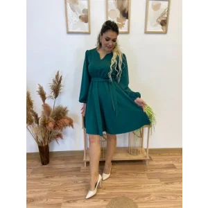 Kadın Uzun Kollu V Yakalı Belden Kuşaklı Kiloş Krep Elbise