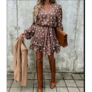 Kadın Uzun Kollu V Yakalı Belden Kuşaklı Puantiyeli Mini Modal Elbise