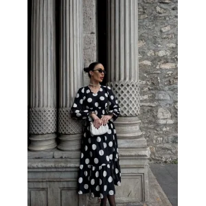 Kadın Uzun Kollu V Yakalı Beli Lastikli Puantiyeli Uzun Krep Elbise