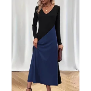 Kadın Uzun Kollu V Yakalı Blok Desenli Viskon Elbise