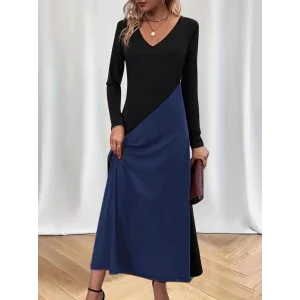 Kadın Uzun Kollu V Yakalı Blok Desenli Viskon Elbise