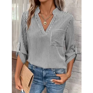 Kadın Uzun Kollu V Yakalı Cepli Dokuma Gömlek