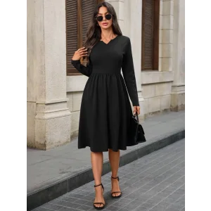 Kadın Uzun Kollu V Yakalı Cepli Midi Ithal Krep Elbise