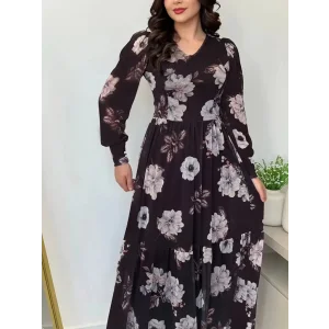 Kadın Uzun Kollu V Yakalı çiçek Desenli Maxi Süprem Elbise