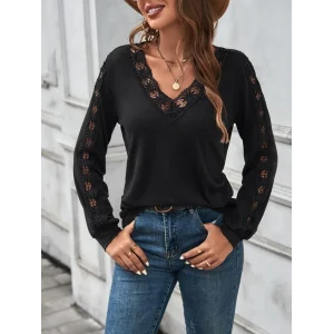 Kadın Uzun Kollu V Yakalı Dantel Detaylı Viskon Bluz