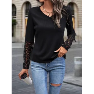 Kadın Uzun Kollu V Yakalı Dantelli Waffle Bluz