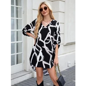 Kadın Uzun Kollu V Yakalı Desenli Dalgıç Elbise