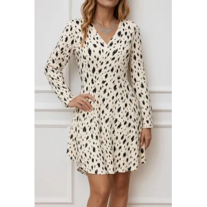 Kadın Uzun Kollu V Yakalı Desenli Kısa Keten Elbise