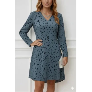 Kadın Uzun Kollu V Yakalı Desenli Kısa Keten Elbise