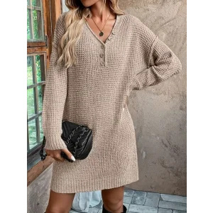 Kadın Uzun Kollu V Yakalı Düğmeli Mini Triko Taş Renkli Elbise