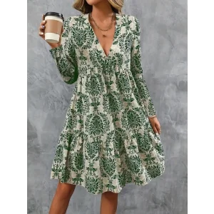 Kadın Uzun Kollu V Yakalı Fırfırlı Mini Süprem Elbise