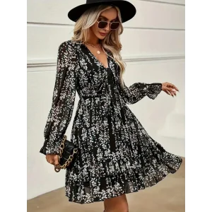 Kadın Uzun Kollu V Yakalı Fırfırlı Ve Bağcıklı şifon Mini Elbise