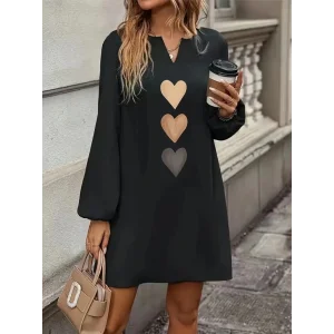 Kadın Uzun Kollu V Yakalı Kalp Desenli Mini Ithal Krep Elbise