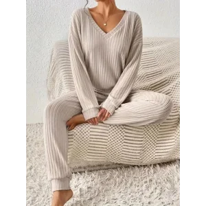 Kadın Uzun Kollu V Yakalı Kaşkorse Bluz Ve Pantolon Ikili Takım