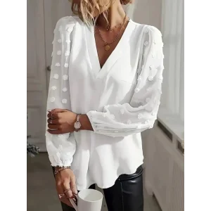 Kadın Uzun Kollu V Yakalı Kolları Popon Detaylı Sandy Bluz