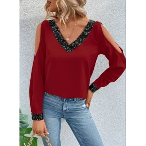 Kadın Uzun Kollu V Yakalı Omuzlardan Açık Sandy Bluz