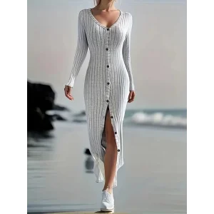 Kadın Uzun Kollu V Yakalı önden Düğmeli şardonlu Kaşkorse Elbise