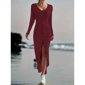 Kadın Uzun Kollu V Yakalı önden Düğmeli şardonlu Kaşkorse Elbise