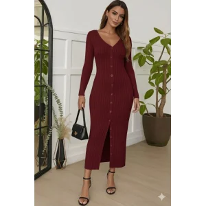 Kadın Uzun Kollu V Yakalı önden Düğmeli şardonlu Kaşkorse Elbise