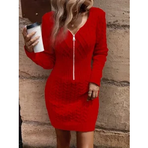 Kadın Uzun Kollu V Yakalı önden Fermuarlı Kısa Triko Elbise