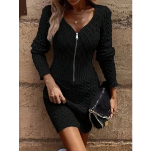 Kadın Uzun Kollu V Yakalı önden Fermuarlı Kısa Triko Elbise