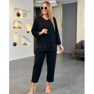 Kadın Uzun Kollu V Yakalı Pulpayet Viskon Iki Iplik Bluz Ve Pantolon Takım