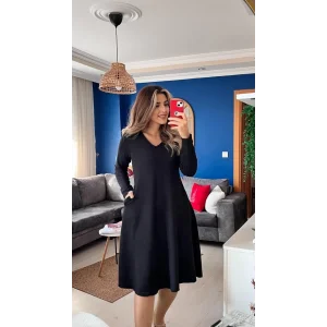 Kadın Uzun Kollu V Yakalı Salaş Midi Iki Iplik Elbise