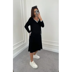 Kadın Uzun Kollu V Yakalı şerit Detaylı Cepli Midi Viskon Iki Iplik Elbise