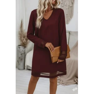 Kadın Uzun Kollu V Yakalı Tül şerit Detaylı Mini Krep Elbise