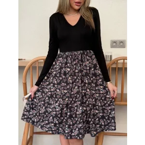 Kadın Uzun Kollu V Yakalı üst Viskon Alt çiçek Desenli Süprem Kısa Elbise