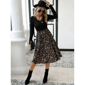 Kadın Uzun Kollu V Yakalı üst Viskon Alt çiçek Desenli Süprem Kısa Elbise