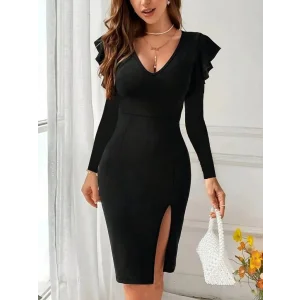 Kadın Uzun Kollu V Yakalı Yandan Yırtmaçlı Midi Ithal Krep Elbise