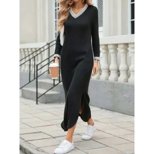 Kadın Uzun Kollu V Yakalı Yanlardan Yırtmaçlı Uzun Viskon Iki Iplik Elbise