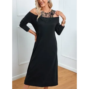 Kadın Uzun Kollu Yaka önü Güpürlü Madonna Yaka Viskon Midi Boy Elbise