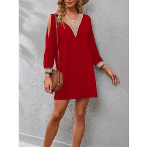 Kadın Uzun Kollu Yaka Ve Kol Manşet Güpürlü Detay Krep Mini Boy Elbise