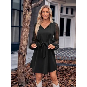 Kadın Uzun Kollu Yakadan Bağcıklı Belden Kuşaklı Ithal Krep Elbise