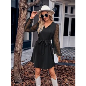 Kadın Uzun Kollu Yakadan Bağcıklı Belden Kuşaklı Ithal Krep Elbise